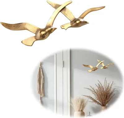 Produktbild von LS-LebenStil Wand-Deko Vogel 39cm Möwe 2-fach Gold Alu Maritim Wand-Objekt Wand-Hänger Deko-Figur Wohn Schlaf Badezimmer Flur Dekoration zum Aufhängen