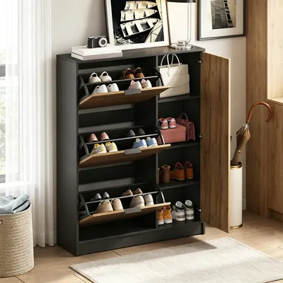 Produktbild von Schuhschrank mit 3 Klappfächern und 1 Türfach Schuhregal Schuhkipper für bis zu 12 Paar Schuhe Flurschrank 100 x 30 x 130 cm Naturholzoptik + Schwarz