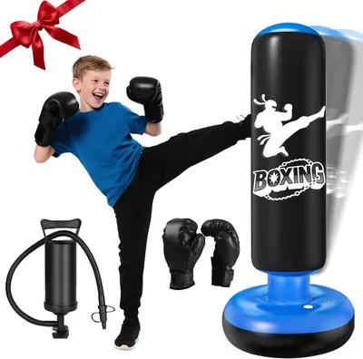 Produktbild von Boxsack Kinder Stehend mit Boxhandschuhen 160cm Ultra Verstärkte PVC Aufblasbarer Boxsack Standboxsäcke für Kinder Geschenk für Jungen & Mädchen