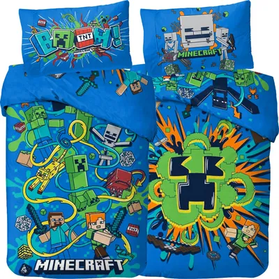 A collage of Minecraft-themed bedding, including pillowcases and a duvet cover, featuring various characters and game elements.