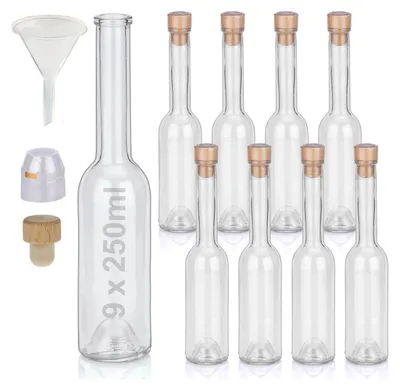 Produktbild von Flaschen Set 9 x 250ml hochwertige Glasflaschen leer mit Korken Schrumpfkapseln & 1 Trichter zum selbst Befüllen mit Gin Whisky Schnaps Likör Essig Öl günstige Flaschen Ginflaschen Whiskyflaschen
