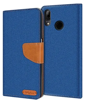 A blue flip case for a Huawei P20 Lite phone, with a brown leather accent and a small logo.