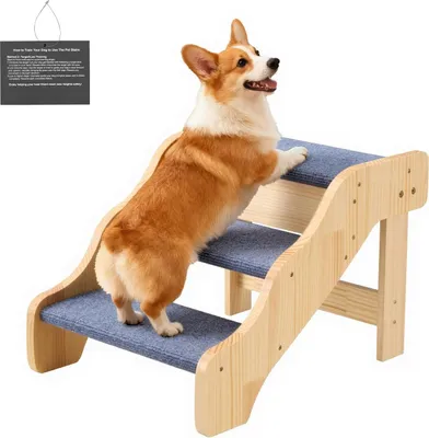 Image de Escalier pour chien - Escalier en bois à 3 marches pour animaux domestiques - Dimensions 58 x 43 x 38 cm - Capacité de charge jusqu'à 68 kg - Pour chiens de petite et grande taille, chiots et chiens âgés - Pour lit, canapé et voiture