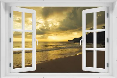 Produktbild von Wallario Wandbild mit Fenster-Illusion: Badestrand auf den Malediven - Stille am Abend, Größe: 61 x 91,5 cm, Poster mit rahmenlosen Bildhalter