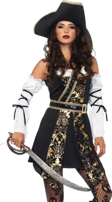A woman dressed as a pirate, holding a sword.