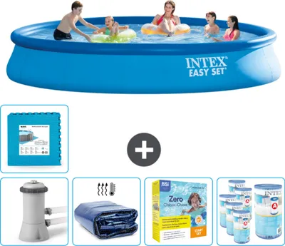 Produktbild von Intex runder aufblasbarer Easy Set-Schwimmpool – 457 x 84 cm – Blau – inklusive Pumpe Sonnensegel - Wartungspaket - Filter - Bodenfliesen