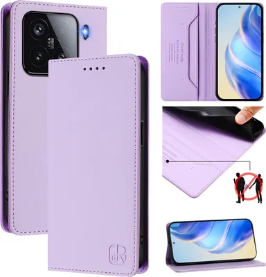A collage of images showing a purple leather flip wallet case for a Xiaomi 15 phone, with close-ups of its features and a phone inside.