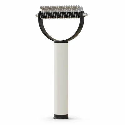 Produktbild von Doppelseitige Bürste für Hunde und Katzen, Unterwollharke, sanfter Entfilzer, Fellpflegebürste für langhaarige Tiere, ergonomisch, schwarz, KI-generiertes Bild