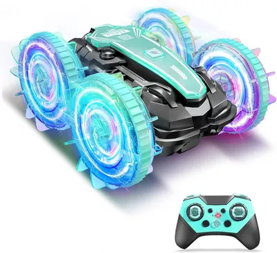 Immagine prodotto di Veicolo anfibio, auto telecomandata, adatto a bambini dai 3 anni – Auto stunt impermeabile con controllo remoto, trazione integrale 4WD, rotazione a 360° e funzione capovolgimento, 2 batterie da 1200mAh, luci LED RGB, telecomando a 2.4GHz – Giocattolo da esterno per bambini e bambine
