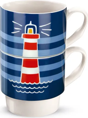Produktbild von 2er Set Porzellan Stapeltassen Leuchtturm weiß/blau/rot in Geschenkverpackung 330ml