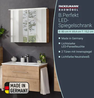 A bathroom vanity and mirror cabinet are shown in a product advertisement.