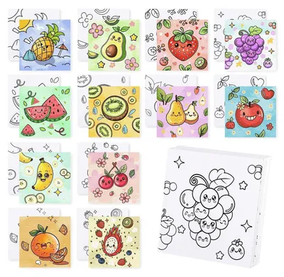 Image de Kit de 12 toiles pour peinture, motifs de fruits, 10x10 cm, en coton, idéal pour débutants, projet DIY