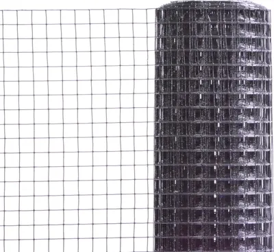 A roll of black wire mesh fencing is shown against a white background. The mesh is unrolled on the left side, showing its grid pattern, and rolled up on the right side.