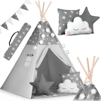 Obrázek produktu pro Dětský stan teepee s girlandou a světly Nukido - šedý s hvězdami