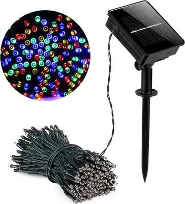 A solar-powered LED string light set with a solar panel and a bundle of lights.