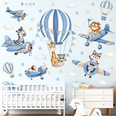 Image de Autocollant mural : Montgolfière - Animaux - Avion - Girafe - Lion - Renard - Décoration pour chambre d'enfant - Décoration murale