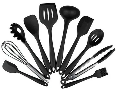 Produktbild von Unyqoos® 10-teiliges Silikon-Küchenhelfer-Set – BPA-frei, hitzebeständig bis 230 °C, antihaftfreundlich, spülmaschinenfest, schwarz/rot