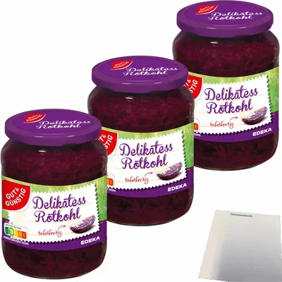 Produktbild von Gut & Günstig Delikatess-Rotkohl tafelfertig erntefrisch verarbeitet 3er Pack (3x680g Glas) + usy Block