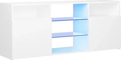 A white media console with blue LED lighting.