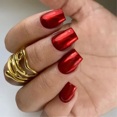 Image de Ongles factices courts, carrés, métallisés, rouges, vernis brillant, en acrylique, lot de 24 pièces
