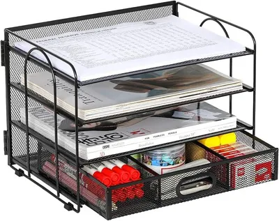 Produktbild von PolkaHome® Schreibtisch-Organizer aus Metall, 4 Fächer, A4, Dokumentenablage, Zeitschriftenhalter, Briefablage, Schwarz