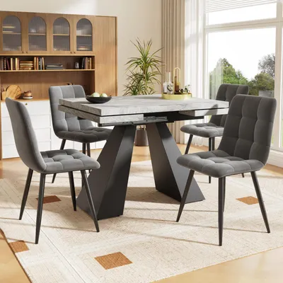 Produktbild von STILVORA Essgruppen 5-tlg Esstisch-Set mit 160×80×75cm Esstisch und 4 Esszimmerstühlen für 4 Personen,Weißer Esstisch mit Säulenfüßen