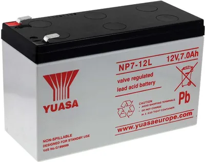 A white and black Yuasa NP7-12L 12V, 7.0Ah valve regulated lead acid battery is shown against a white background.