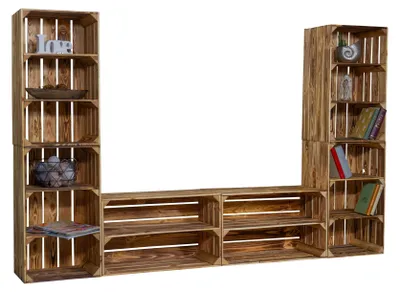 Produktbild von TV-Board Steven mit hohen Regalkisten Lowboard TV Wand Wohnwand Holz Fernseh Fernsehschrank (geflammt)