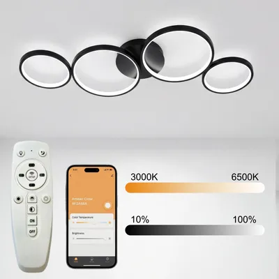 Immagine prodotto di Lampada a soffitto LED moderna, temperatura di colore regolabile da 3000K a 6500K, diametro 88 cm, 4 anelli circolari, 68W, colore nero, dimmerabile, controllo tramite app e telecomando, con timer. Ideale per soggiorno, camera da letto, corridoio, ufficio e cucina.