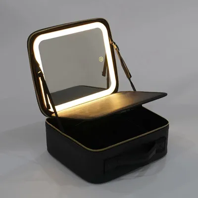 Produktbild von Reise-Kosmetiktasche - Make-up-Tasche - LED-Spiegel - Helligkeit einstellbar - Große Kapazität - Fachaufteilung - Kunstleder - Schwarz