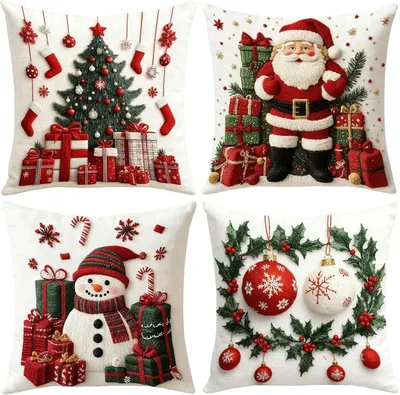 Produktbild von Leinen Kissenbezug Weihnachten 45x45cm 4er Set, Rot Weihnachtskissenbezug,