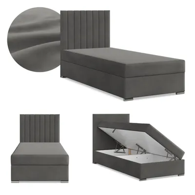 Produktbild von Boxspringbett mit Bettkasten, Einzelbett 90x200, mit Kopfteil, mit Bonell Matratze, Jugendbett, Kinderbett, Samt-Velours, AGEN, Grau, Dunkelgrau