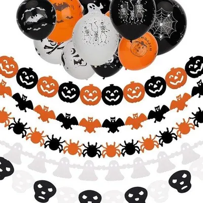 Obrázek produktu pro Dekorace na Halloween, včetně banneru a balónků ve tvaru lebky. Vhodné pro vytvoření strašidelné atmosféry na Halloween.