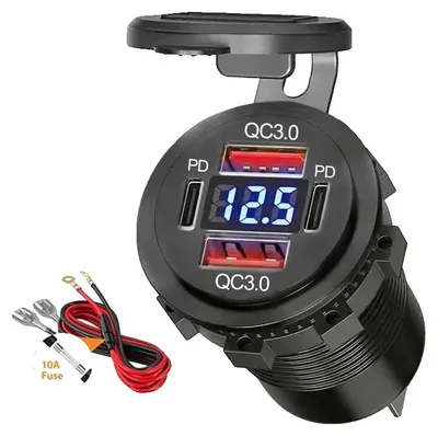Obrázek produktu pro Autonabíječka USB, Dual PD QC3.0, displej s voltmetrem, 4 porty s kabelem
