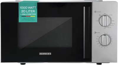 A front view of a silver and black HEINRICHS microwave oven against a white background.