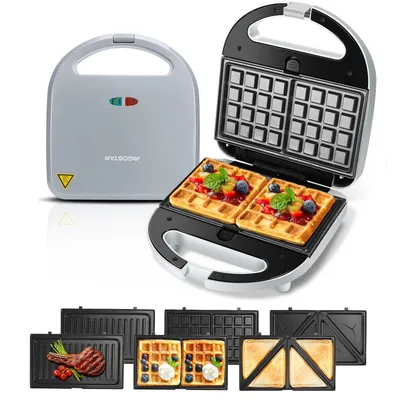 Produktbild von Aigostar 3-in-1-Kombi-Waffeleisen 750 W Sandwichmaker, 3 Austauschbare Platten, Beidseitiges Grillen, Antihaftbeschichtet, Automatisches Thermostat