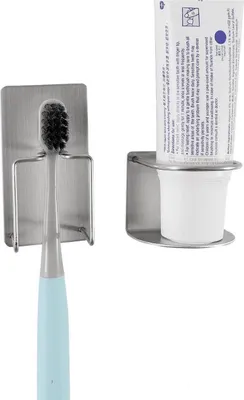 Produktbild von Set aus 1 x selbstklebenden Zahnbürstenhaltern und 1 x Zahnpastahalter aus Edelstahl - Zahnbürstenhalter wand [ohne Bohren] - Elektrozahnbürstenhalter selbstklebend | Zahnbürstenhalterung