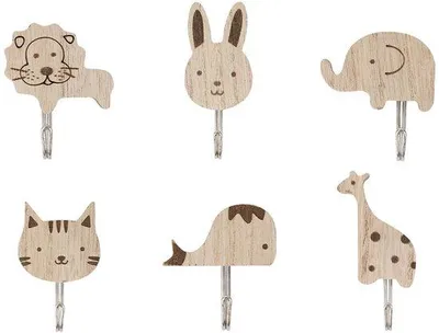 Produktbild von 6 Stück Holzhaken, selbstklebend, für Kinderzimmer Dekoration