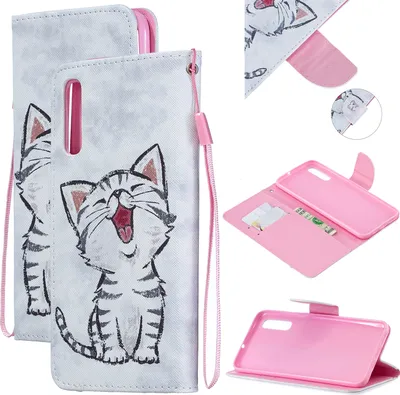Produktbild von Für Samsung A50/A70 Smartphone Case Overall Protective Phone Shell Lovely Kunstleder Handyabdeckung mit Kartenfächern Rote Lippenkatze