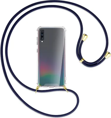 Produktbild von Handykette Backcover-Schutzhülle mit Band (Metall goldfarben) für Samsung Galaxy A70 - dunkelblau