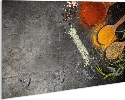 Produktbild von Wallario Schlüsselbrett aus Glas, Motiv: Löffel mit verschiedenen Gewürzen, 30 x 20 cm mit 4 Haken