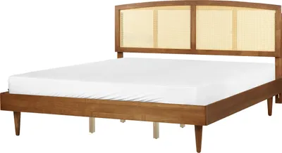 Produktbild von BELIANI Bett Hellbraun Gummibaumholz mit Lattenrost 180 x 200 cm Hohes Kopfteil Wiener-Geflecht Rustikaler Stil Schlafzimmer Ausstattung Doppelbett