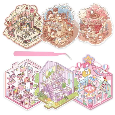 3D Miniatur-Stickerbuch mit Pinzette, 6 Szenen, DIY, für Erwachsene & Kinder