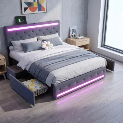 Produktbild von INONEFT Polsterbett 140x190 cm mit höhenverstellbarem Kopfteil, Doppelbett mit Lattenrost und 4 Schubladen, LED und USB-Steckdose, Leinen, Grau