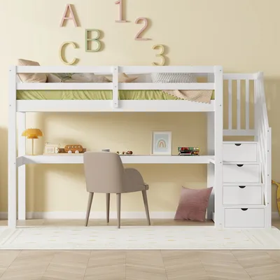 Produktbild von Flieks Etagenbett 90×200cm mit Treppe und Schreibtisch, Hochbett Jugendbett mit Lattenrost, Kinderbett mit Rausfallschutz, Massivholzbett, Weiß