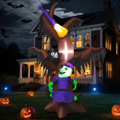 Aufblasbare Halloween-Deko 240 cm mit LED, Hexe & Fledermaus