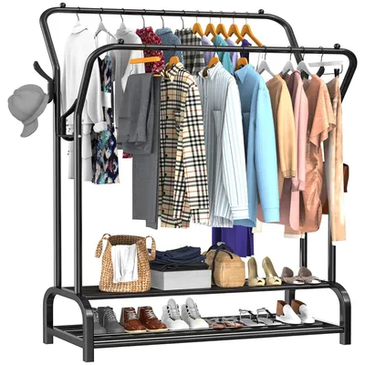 Produktbild von Avalo Industrieller Kleiderständer Doppelruten - Metall - 110x33x150 CM - Schwarz - Lagerung für Schuhe - Garderobenständer mit Haken