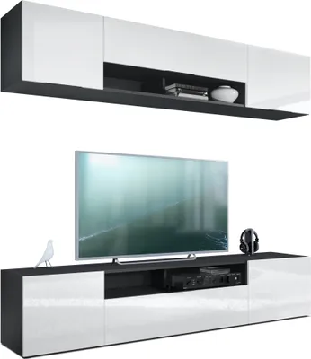 Produktbild von Vladon Wohnwand Mogan, Schwarz matt/Weiß Hochglanz - Moderne Anbauwand bestehend aus 2 TV-Boards (181 x 147 x 35 cm)