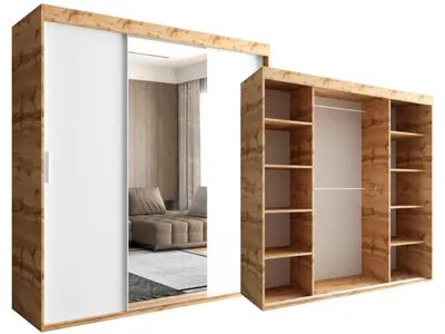 Produktbild von Schiebeschrank 180 CM Weiß und Dunkelbraun - Wotan 3-türig mit Spiegel OTARIO