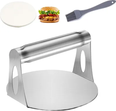 Obrázok produktu pre Lis na hamburger 14 cm, okrúhly, nehrdzavejúca oceľ, nepriľnavý povrch, pre gril